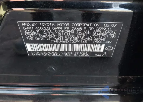 2007 Lexus Es 350 350 from USA, damaged, VIN JTHBJ46GX72099165